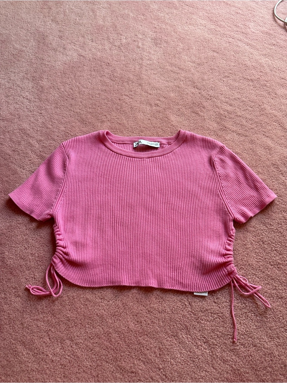Zara Ribbed Pink Side-Drawstring Crop Top